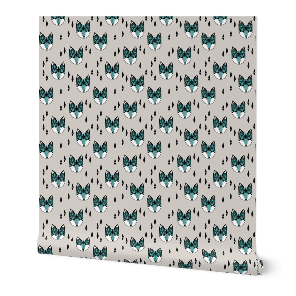 fox // geometric fox head fox fabric grey and blue kids design