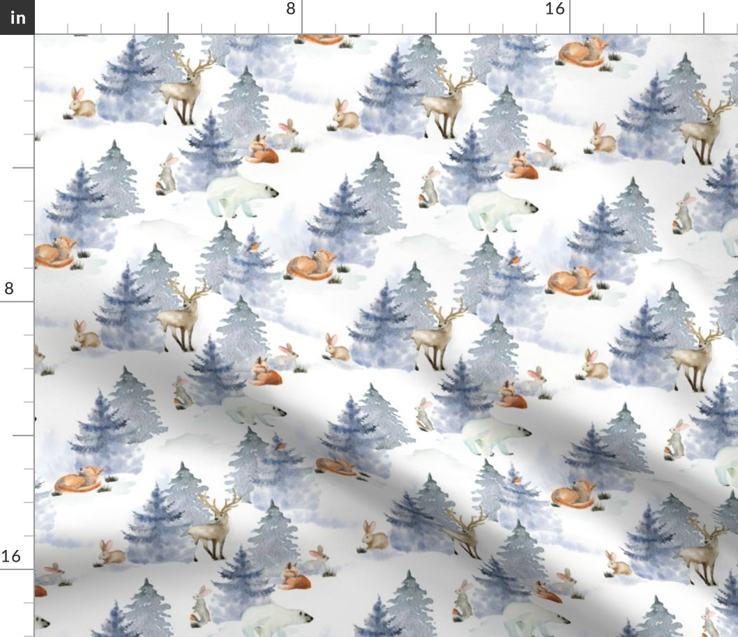 7" Enchanting winter animals in the snowy winter forest - winter animals fabric for the very little ones 