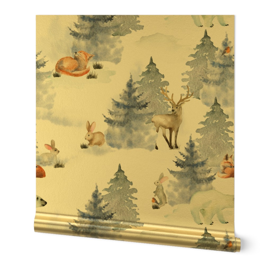 10" Enchanting winter animals in the snowy winter forest - winter Vintage Christmas animals fabric for the very little ones 