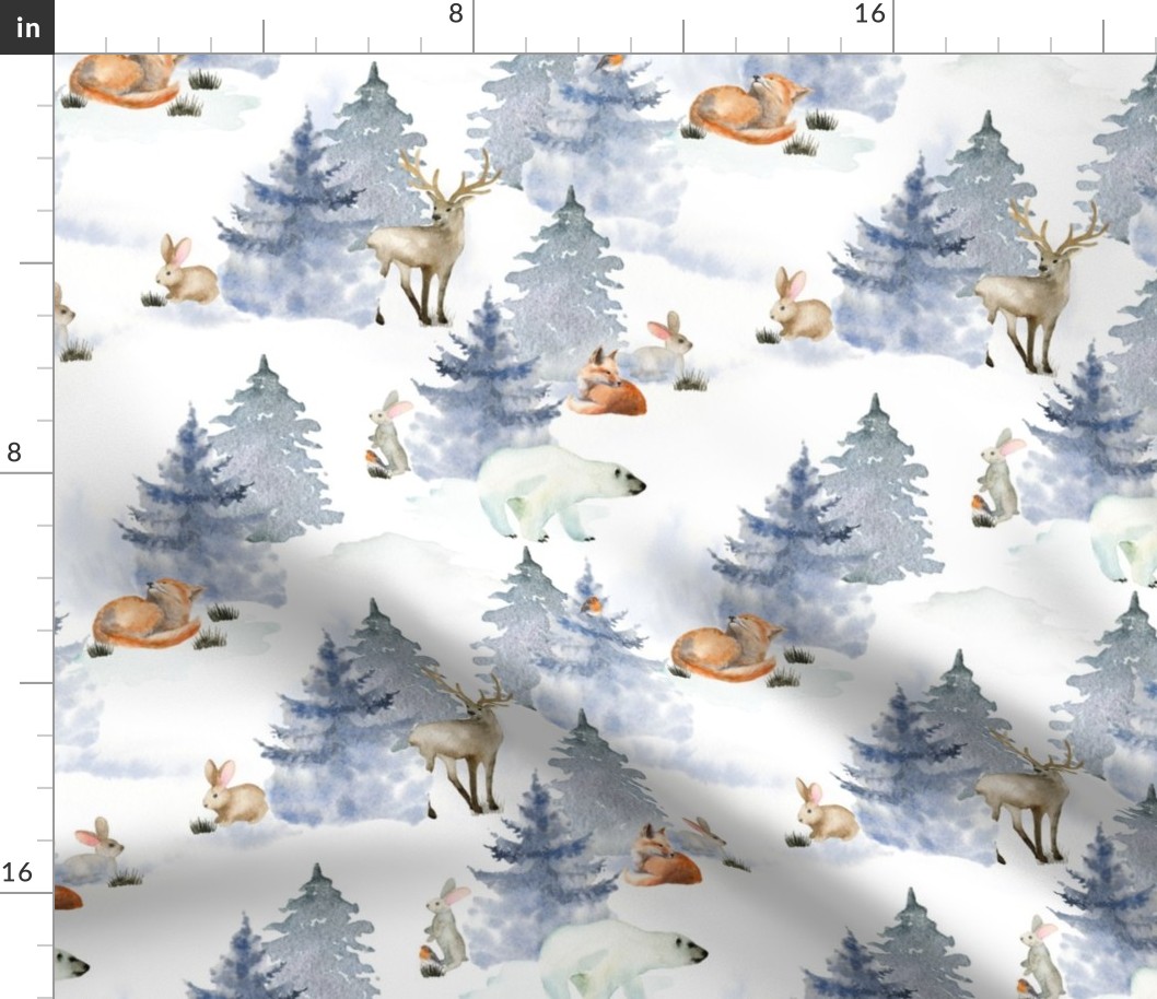 10" Enchanting winter animals in the snowy winter forest - winter Vintage Christmas animals fabric for the very little ones 
