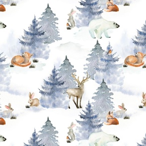 14" Enchanting winter animals in the snowy winter forest - cabincore winter animals Vintage Christmas  fabric for the very little ones 