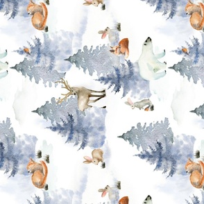 Turned Left- 14" Enchanting winter animals in the snowy winter forest - winter animals fabric for the very little ones 