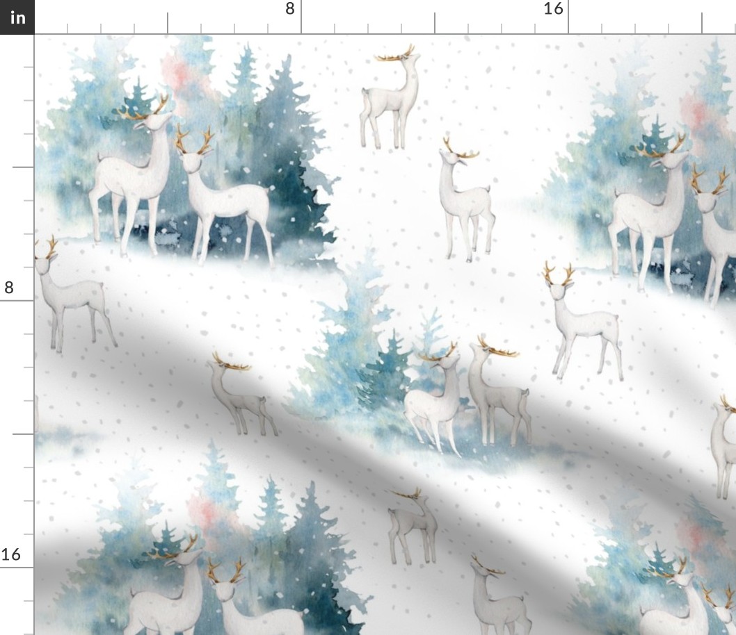 14" Magical deer in the snowy winter forest in the mountains- autumn and winter fabric for the very little ones 