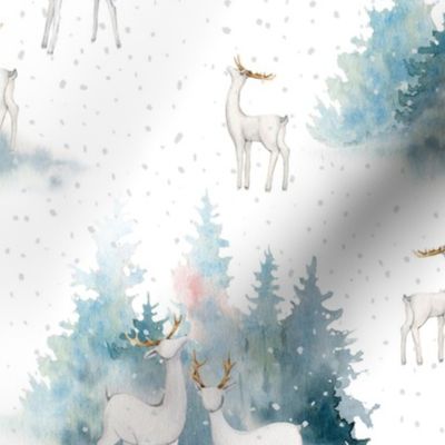 10" Magical deer in the snowy winter forest in the mountains- autumn and winter fabric for the very little ones 