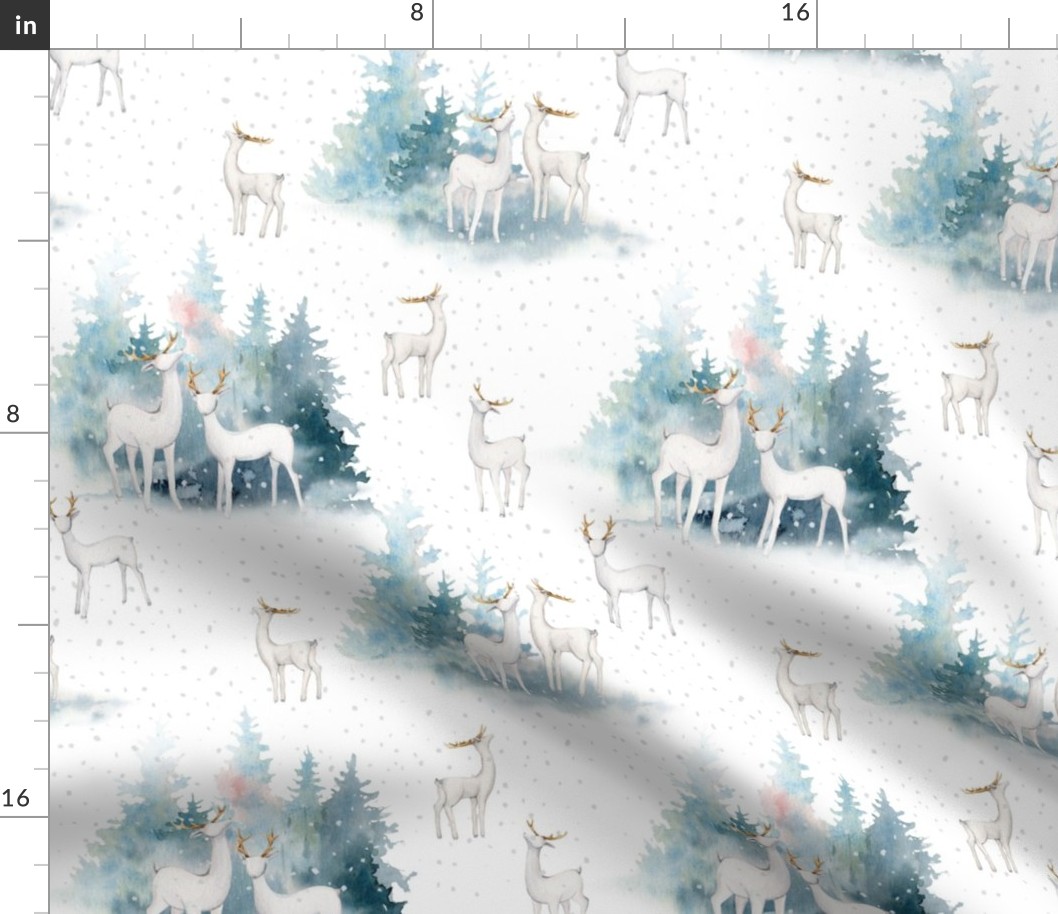 10" Magical deer in the snowy winter forest in the mountains- autumn and winter fabric for the very little ones 