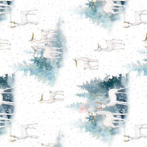 Turned left- Magical deer in the snowy winter forest in the mountains- autumn and winter fabric for the very little ones 
