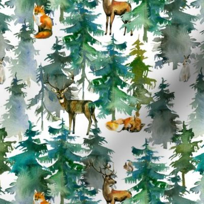 7" Foxes, rabbits and deer in the snowy winter forest in the mountains- autumn and winter Vintage Christmas  fabric for the very little ones 