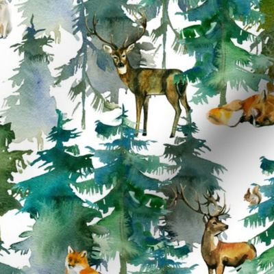 10" Foxes, rabbits and deer in the snowy winter forest in the mountains- autumn and winter fabric for the very little ones 