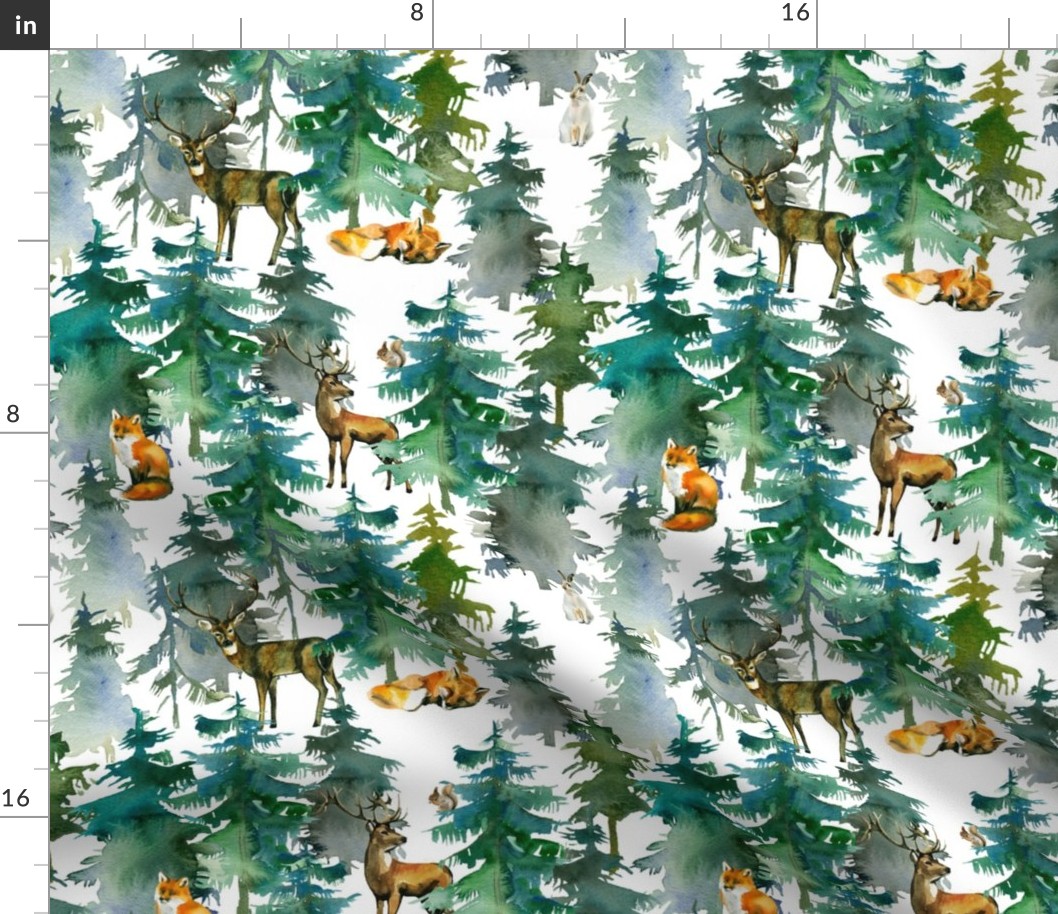 10" Foxes, rabbits and deer in the snowy winter forest in the mountains- autumn and winter fabric for the very little ones 