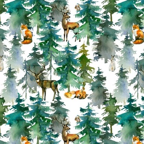 14" Foxes, rabbits and deer in the snowy winter forest in the mountains- autumn and winter fabric for the very little ones 
