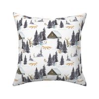 7" Foxes, rabbits and deer in the snowy winter forest in the mountains - winter and Christmas fabric for the very little ones