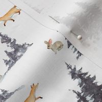7" Foxes, rabbits and deer in the snowy winter forest in the mountains - winter and Christmas fabric for the very little ones