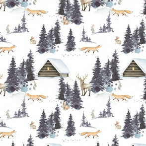 10" Foxes, rabbits and deer in the snowy winter forest in the mountains - winter and Christmas fabric for the very little ones