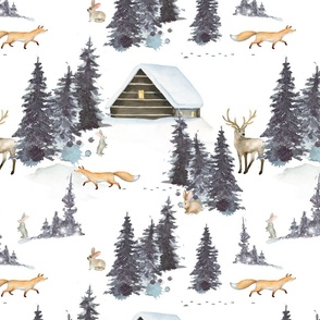 14" Foxes, rabbits and deer in the snowy winter forest in the mountains -cabincore  winter and Christmas fabric for the very little ones