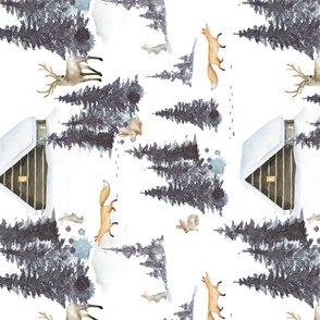 Turned Left- 14"  Foxes, rabbits and deer in the snowy winter forest in the mountains - winter and Christmas fabric for the very little ones