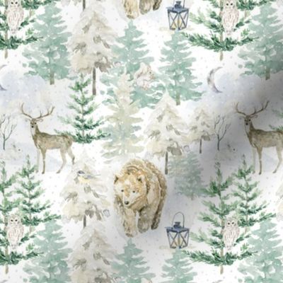 6" Bears and deer in the snowy winter forest - winter and Christmas fabric for the very little ones. 