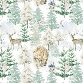6" Bears and deer in the snowy winter forest - winter and Christmas fabric for the very little ones. 