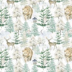 10" Bears and deer in the snowy winter forest - winter and Christmas fabric for the very little ones. 