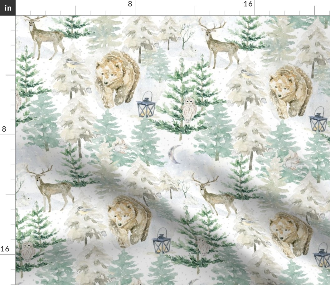10" Bears and deer in the snowy winter forest - winter and Christmas fabric for the very little ones. 