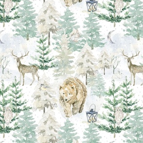 14" Bears and deer in the snowy winter forest - cabincore winter and Vintage Christmas  fabric for the very little ones. 