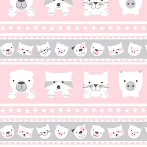 Baby Animals Pattern in Pink, Gray, and White with Stripes and Stars (medium print)