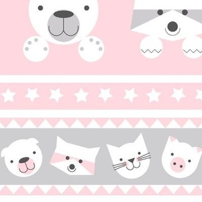 Baby Animals Pattern in Pink, Gray, and White with Stripes and Stars (large print)