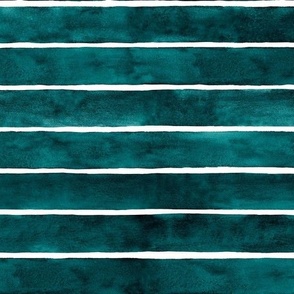 Dark Teal Broad Horizontal Stripes - Medium Scale - Watercolor Textured Bright Jewel Tone