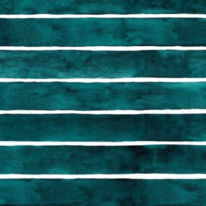 Dark Teal Broad Horizontal Stripes - Large Scale - Watercolor Textured Bright Jewel Tone
