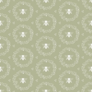 Bees and Floral Wreath, White on Sage Green
