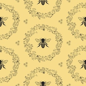 Bees and Floral Wreath Black on Yellow