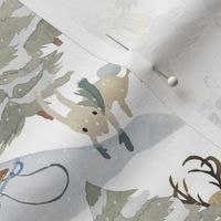 7" Snowy winter landscape with magical sledding watercolour animals such as deer, hares, foxes, roe deer and snow-covered trees - for children's room