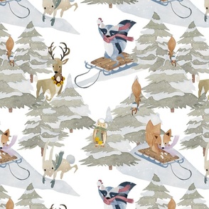 14" Snowy winter landscape with magical sledding watercolour animals such as deer, hares, foxes, roe deer and snow-covered trees - for children's room