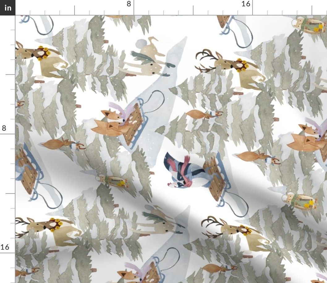 turned left- 12" Snowy winter landscape with magical sledding watercolour animals such as deer, hares, foxes, roe deer and snow-covered trees - for children's room