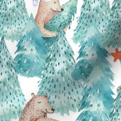 12" Watercolor Hand painted Little Winter Bears Celebrating Vintage Christmas  With Taking Xmas Trees from Snow Forest 