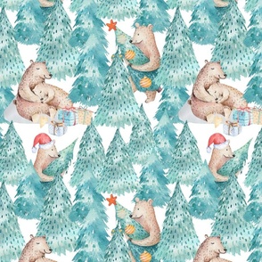 12" Watercolor Hand painted Little Winter Bears Celebrating Vintage Christmas  With Taking Xmas Trees from Snow Forest 