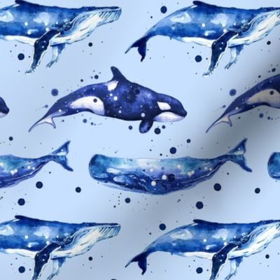 Watercolor Whales in blue