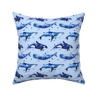 Watercolor Whales in blue