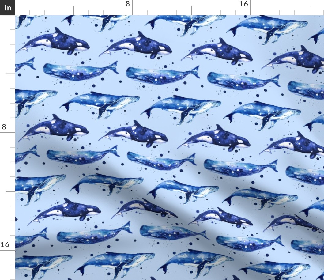 Watercolor Whales in blue