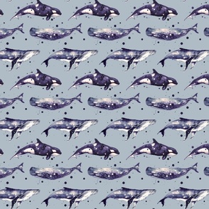 Watercolor Whales - navy on gray