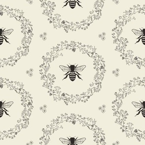 Bees and Floral Wreath Black on Cream