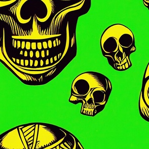 green woodcut skulls LARGE