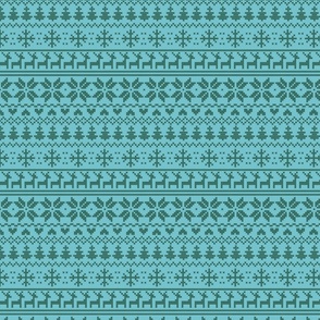 (XS) Fair isle inspired nordic winter cross stitch - green on bright teal