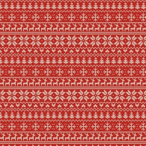 (XS) Fair isle winter nordic christmas cross stitch - cream on red