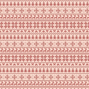 (XS) Fair isle inspired winter cross stitch - red on pale pink