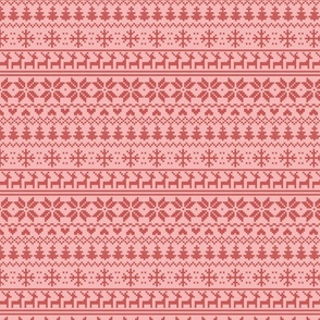 (XS) Fair isle inspired winter cross stitch - red on pink