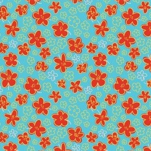 Ditsy Floating Flowers in Red and Teal