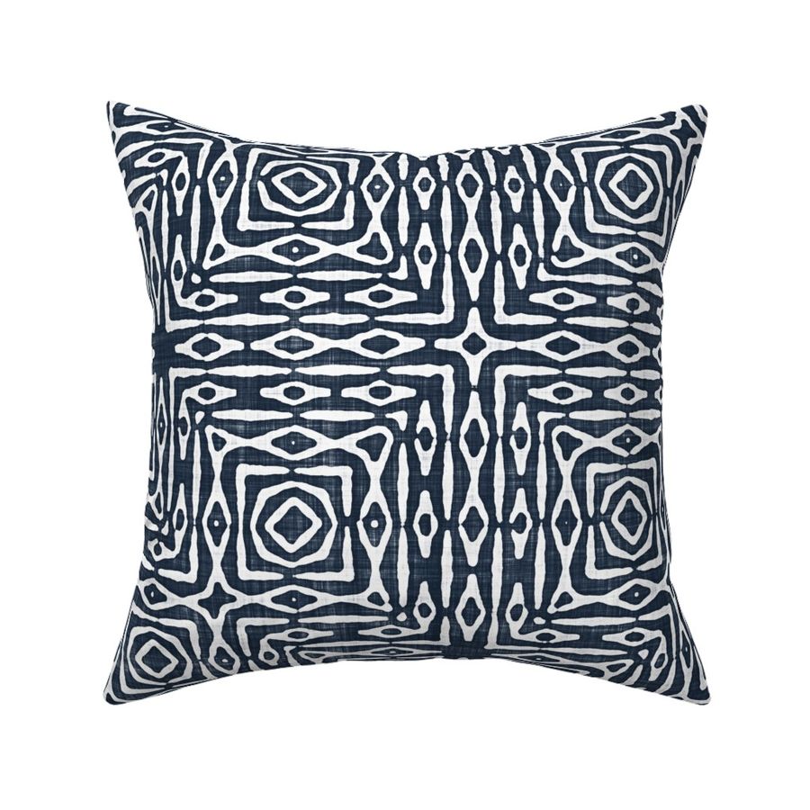 Batik Block Print Ornate Aztec Tribal Squares in Navy Blue and White (Large Scale)