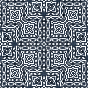 Batik Block Print Ornate Aztec Tribal Squares in Navy Blue and White (Large Scale)