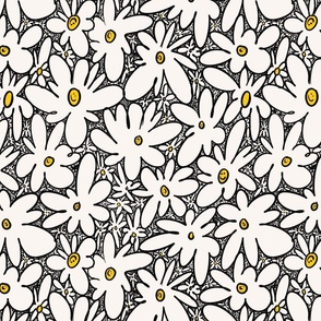 Simple flowers doodle. Monochrome with yellow dots Daisies flower meadow. Small sca