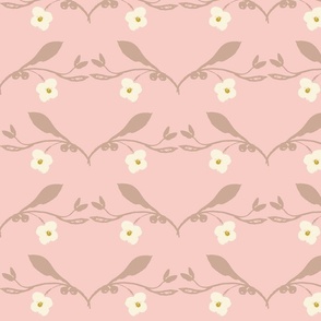 Sweet Dusky Pink With Cream Blossom - Watercolour Half Brick Pattern.